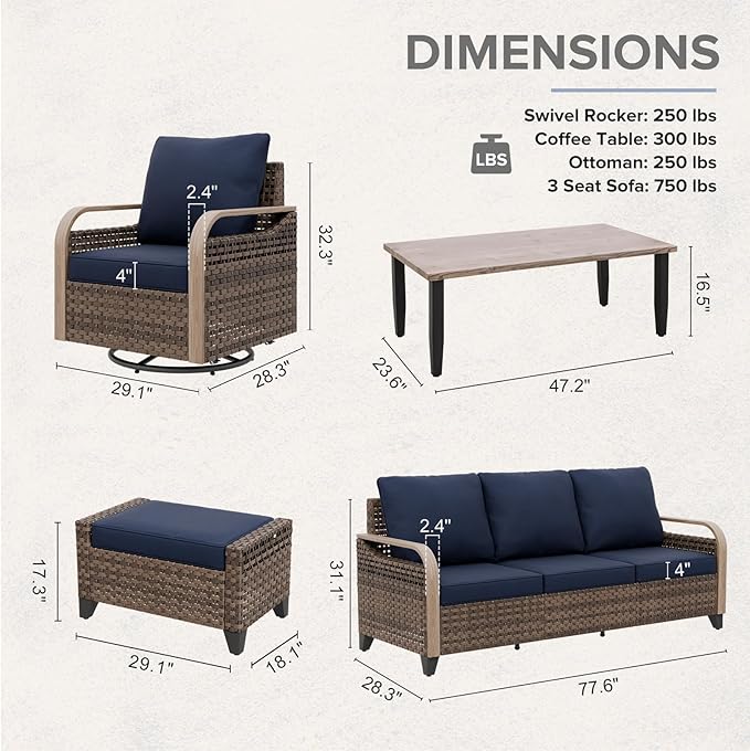 COOS BAY Modern Wicker Outdoor Furniture Set, 6 Piece Patio Conversation Set with 2 Swivel Rockers, a 3 Seat Couch, 2 Ottomans and Coffee Table, 6 Piece, Brown/Blue