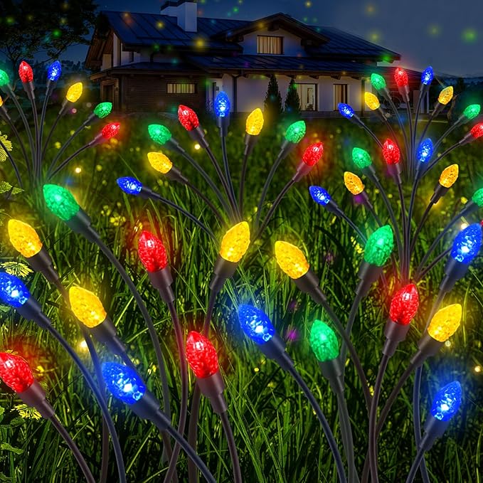 Rossesay 4 Pcs St Patricks Day Outdoor Decorations Solar Lights Waterproof Green 48 LED Swaying Pathway Firefly Stake Lights for Outside Yard Garden Lawn Decorations(Multicolor,Pine Cone)
