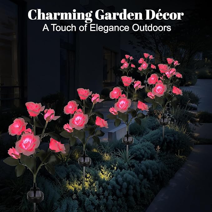 Solar Rose Lights Outdoor, 2 Pack with 14 Rose Flowers Waterproof Color Changing LED Flower Lights, Solar Powered Garden Stakes for Yard, Patio, Pathway Decor - Artificial Floral Decorative Lighting