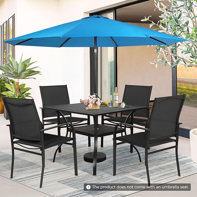 Incbruce 6 Pieces Patio Dining Set with Sky Blue Umbrella, Outdoor Dining Set of 4 Textilene Chairs and Square Table with Umbrella Hole for Backyard, Garden, and Poolside (Black)