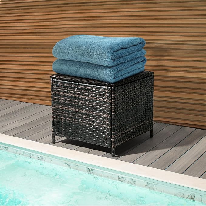 27 Gallon Patio Rattan Wicker Side Tables,All-Weather Outdoor Storage Box,Waterproof Patio Coffee Side Table,Outside Storage Coffee Tables,with Lid,for Garden Porch Poolside Deck Backyard (Brown)