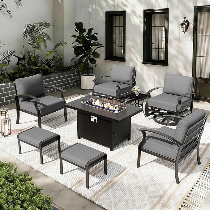 ALAULM Aluminum Patio Furniture Set with Propane Fire Pit Table 6-seat Metal Outdoor Furniture w/Swivel Chairs Patio Sectional Sofas w/5.1" Cushions for Patio, Backyard, Poolside-Grey