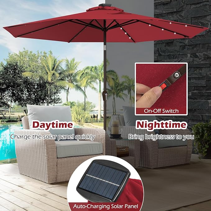 Giantex 9ft/10ft Outdoor Patio umbrella with Solar Lights, Table Market Umbrella with Crank and Push-button Tilt System, Solar LED Lighted Patio Umbrella for Backyard Deck Pool Beach