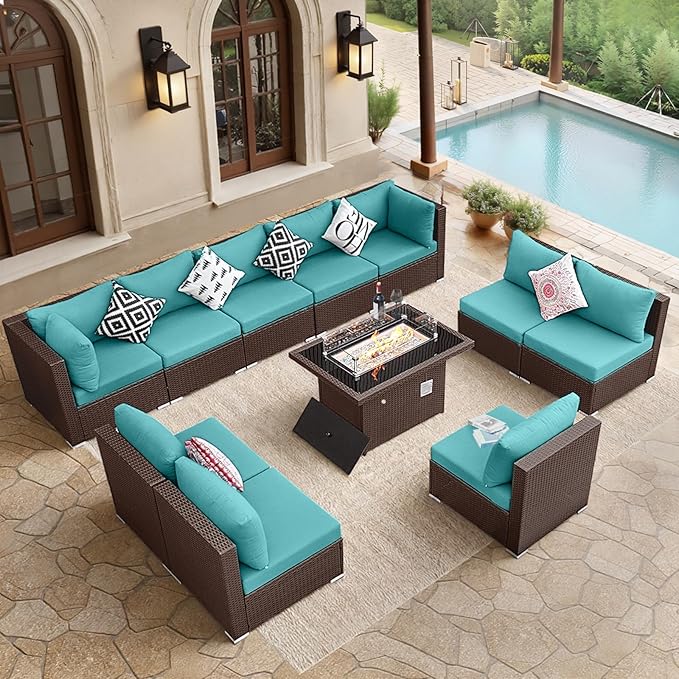 BULEXYARD 11 Piece High Back Wicker Patio Furniture Sets with Fire Pit, Luxury Plus Size Outdoor Seating Set, Comfortable Extra Wide Deep 10-Seater Sectional Couch Sofa for Outside, Brown & Turquoise