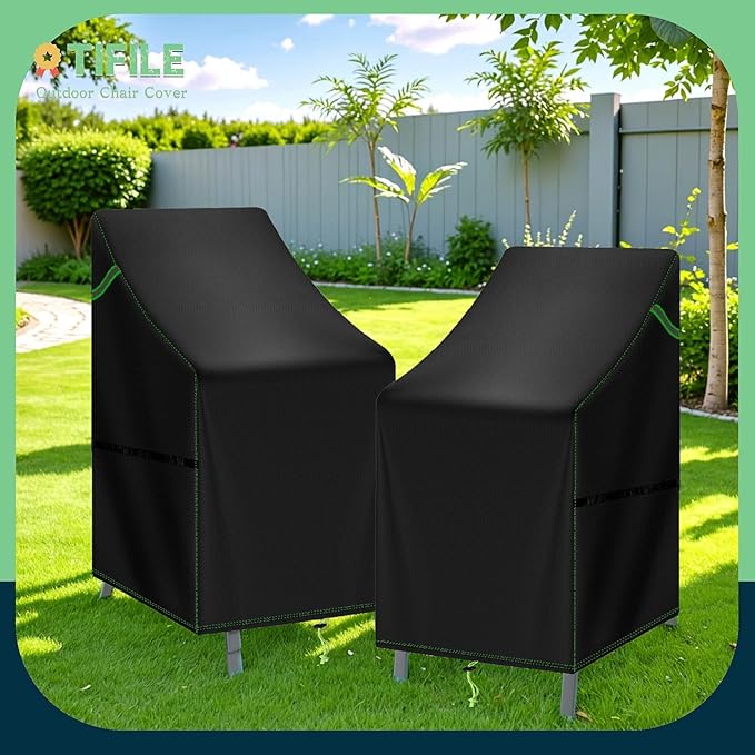 Stackable Patio Chair Covers Waterproof 2 Pack, 420D Outdoor Chair Covers for High Back Stacking Chairs, Fits 4-6 Chairs, 25.6" L x 29.5" W x 47" H, Black