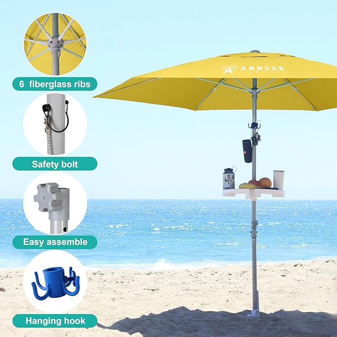 AMMSUN 8ft Heavy Duty High Wind Commercial Grade Patio Beach Umbrella with Separate Sand Anchor Air Vent Carry Bag Fiberglass Ribs without Tilt Outdoor umbrellas for sands Yellow