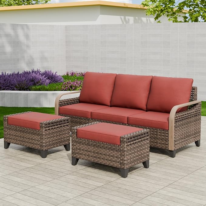 EAGLE PEAK Modern Wicker Outdoor Patio Furniture Set, Patio Conversation Set, a 3-Seat Loveseat and 2 Ottomans, 3 Pieces, Brown/Red