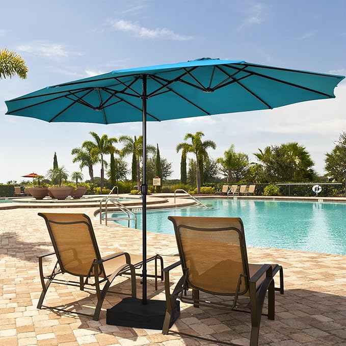Tangkula 15FT Double-Sided Patio Umbrella with Base, Extra-Large Market Umbrella W/Crank System, Outdoor Twin Umbrella W/ 12-Rib Metal Structure & Air Vents for Garden, Backyard, Poolside (Turquoise)