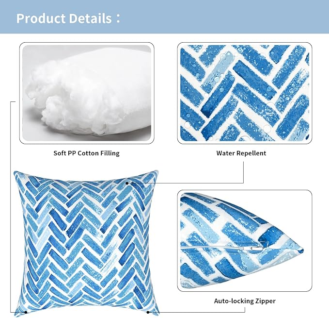 Outdoor Pillows for Patio Furniture 16x16 inch, Square Outdoor Throw Pillows with Inserts, Decorative Patio Pillows for Garden Couch Home Sofa Office Chair, Pack of 2, Blue Bricks