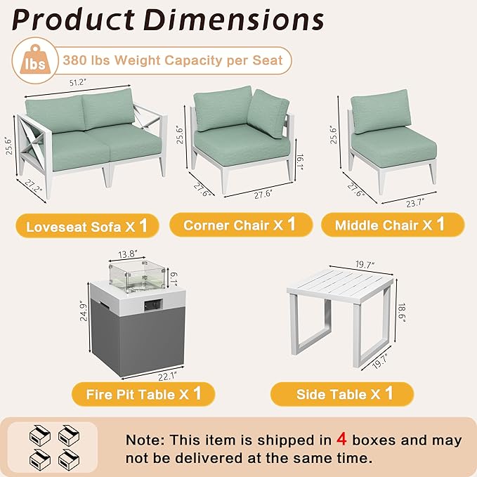 MBY 6-Piece Aluminum Patio Furniture Set with Fire Pit Table, Oversized Outdoor Sectional Sofa with Corner Seat, All-Weather Conversation Set for Deck, Garden, Backyard-White