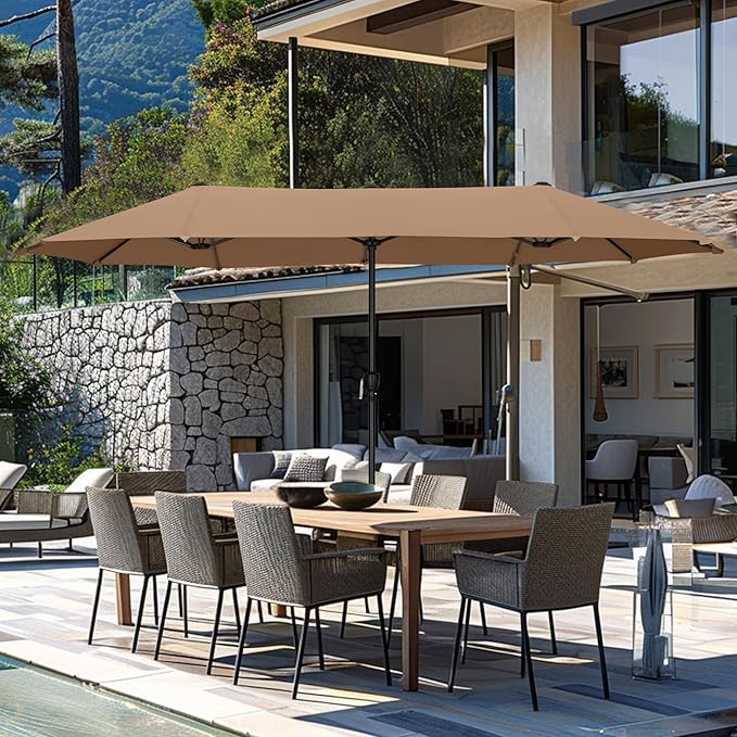 GREEN PARTY 13ft Rectangle Patio Umbrella, Double Sided Outdoor Table Umbrella with Crank & 1.5" Pole, Large Market Umbrella for Poolside Garden Deck Backyard, Tawny