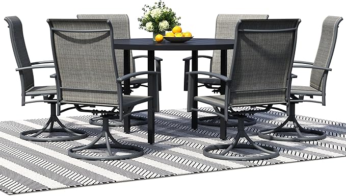 7 Piece Outdoor Patio Dining Set for 6, 47" Black Round Metal Table with 6 Grey Swivel Chairs, All-Weather Outdoor Furniture Set for Backyard, Lawn, Deck, or Poolside