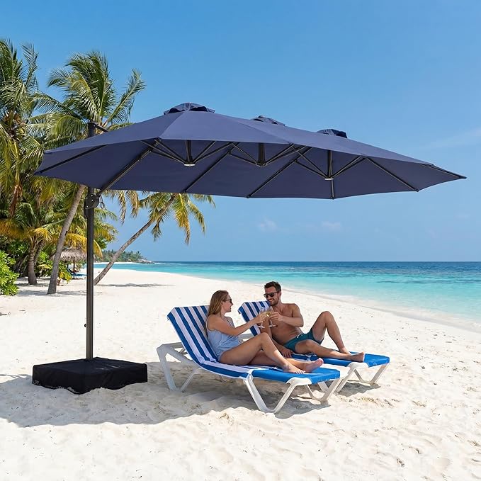 COSIEST 8 * 13FT Cantilever Patio Umbrella with Base,Large Rectangle Offset Umbrella，Heavy Duty Double-Sided Table Market Umbrella for Garden, Pool, Deck Shade, Navy Blue
