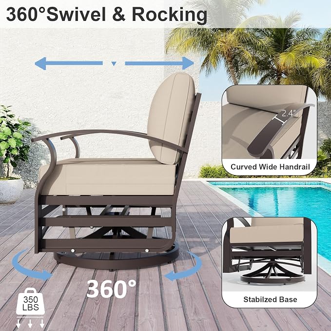 ALAULM Aluminum Patio Furniture Set with Coffee Table Rectangular, 5-seat Outdoor Sectional Furniture w/2 Swivel Chairs, Patio Conversation Set for Porch, Backyard, Poolside-Grey