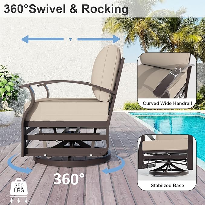 ALAULM Aluminum Patio Furniture Set with 2 Swivel Chairs 7-seat Metal Outdoor Furniture Patio Sectional Sofas Patio Conversation Set w/5.1" Cushions for Patio, Backyard, Poolside-Sand
