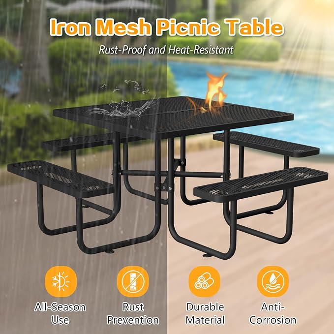 46'' Square Metal Picnic Table with 1.73" Umbrella Hole, Heavy-Duty Commercial Grade Steel Table Set, Rust Resistant Mesh Tabletop, Smooth Round Corner Design for Patio, Garden, Park & BBQ, Black