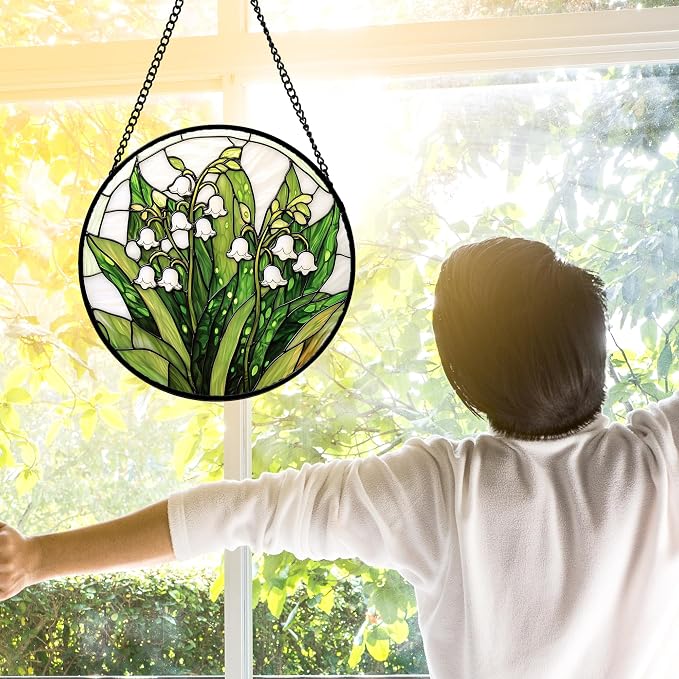 DASTOLL Stained Glass Window Hanging, Lily of the Valley Flower Sun Catchers Colorful Glass Panel Green Plants Suncatcher Decor for Birthday for Women,Men,Wife, Lovers, and Mom 11.8 in