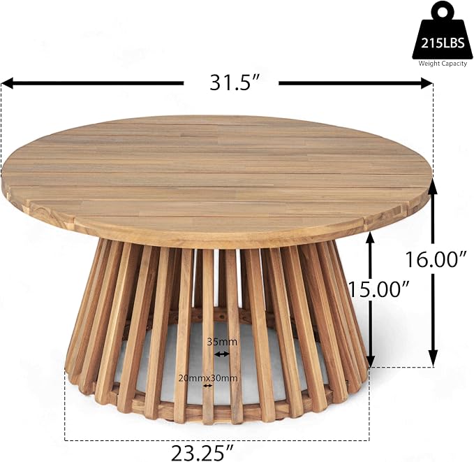 Merax Patio Outdoor Acacia Wood Round Coffee Table for Backyard, Lawn, Balcony, Easy Assemble Teak