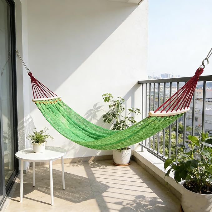 Portable Hammock Chair Swing, Super Soft Breathable Nylon Mesh Hammock Tent Camping Backyard Patio，Heavy Duty Hanging Swing for Indoor Outdoor (Green, with Wooden Support)