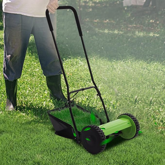 12 Inch Push Reel Lawn Mower 5 Blades Grass Catcher Manual Lawn Mowers Walk with Adjustable Height Black/Green Roller Lawn Mower for Picking up Leaves Grass and Debris on Lawns