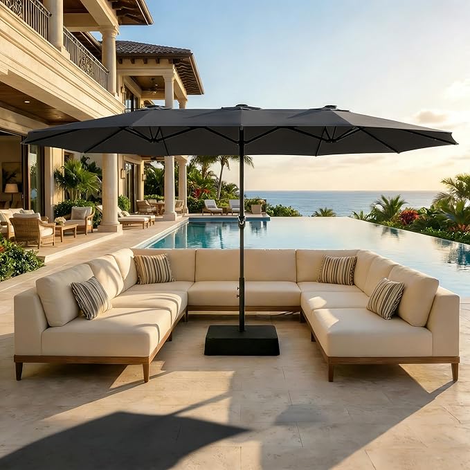 GarveeLife 15 ft Large Patio Umbrella with Lights, 36 LED Lights Double-sided Patio Umbrella with Weighted Base for Poolside Garden Backyard