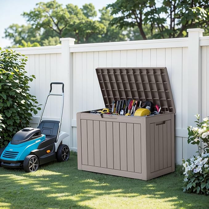 PatioZen 50 Gallon Deck Box Outdoor, Weatherproof Resin Patio Storage Box, Waterproof Outdoor Storage Boxes with Lid Lockable for Cushions, Garden Tools,Grey