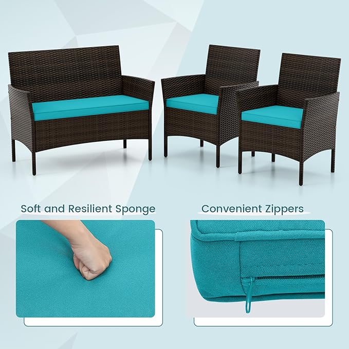 DORTALA 4-Piece Rattan Patio Furniture Set, Outdoor Table & Chair Set with Tempered Glass Coffee Table, Cushion, Wicker Conversation Set for Garden, Lawn, Poolside and Backyard, Turquoise