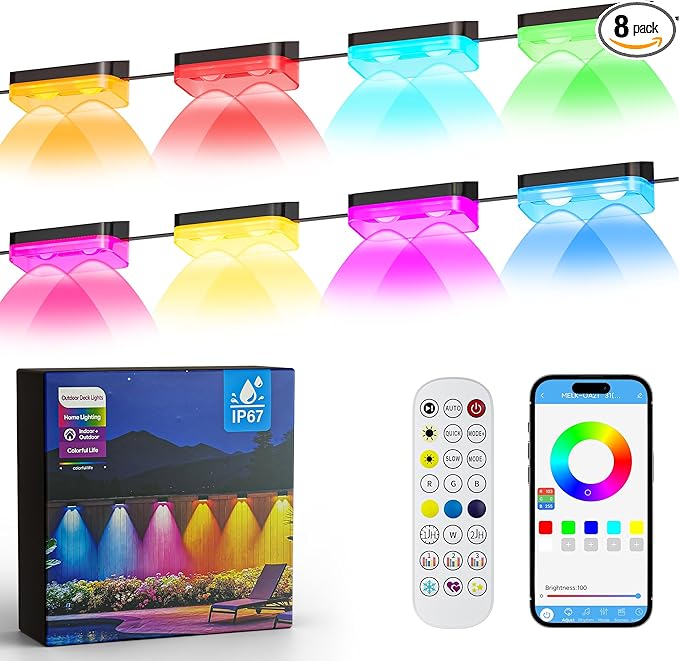Outdoor Fence Lights, 8 Packs Smart Outdoor Deck Lights RGBCW+IC, with App/Remote Control, Color Changing Lights for Fence, IP67 Waterproof for Backyard Railing Decor (50FT)