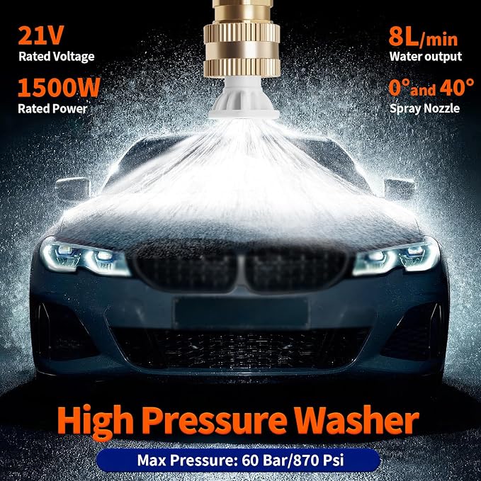 Cordless Pressure Washer, 1500W Portable Power Washer, Rechargeable Battery Pressure Washer with 5M Hose & 3 Nozzles, Electric Pressure Washers for Car Patio Garden Cleaning Watering