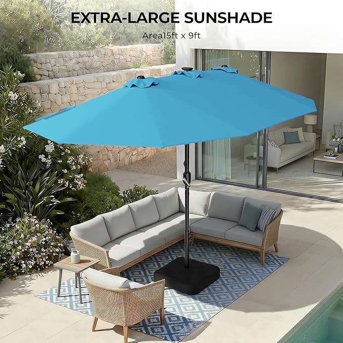 HOMSHADE Double Sided Patio Umbrellas with Base - 15ft RGB Multi-Color Flowing LED Lights Outdoor Extra Large Market Table Umbrella w/Stand, Oversized Umbrella for Deck, Pool, Backyard,Light Blue