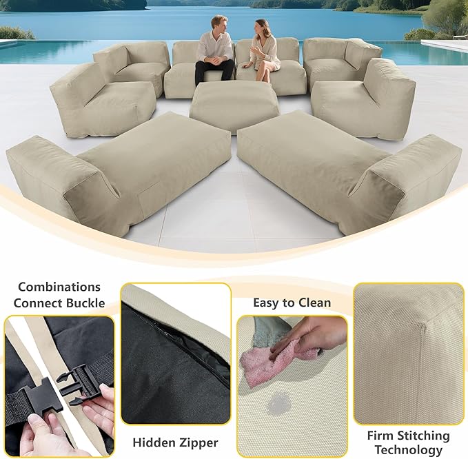 Patio Furniture Set, Outdoor Conversation Set with Bean Bag Middle Chairs, Corner Chair, Ottomans, Modern Foam Couch Set for Garden, Deck, Balcony (9, Light Beige)