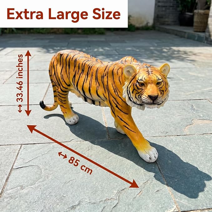 33" Large Tiger Garden Statue, Orange with Black Stripes | Fierce Walking Tiger Sculpture, For Outdoor Patio & Pool Area, Hand-Painted