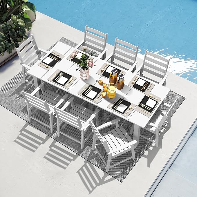 LOUNZY 9 Pieces Patio Dining Sets, 90'' Table Outdoor HDPE Furniture Set w/ 2" Hole Cut-Out Dining Table with 8 Patio Chairs for Lawn, Pool and Yard, White