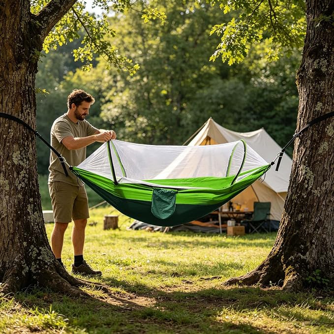 Heavy Duty Hammock with Mosquito Net–Canvas Hammock, Fade-Resistant Cotton Lounger, Roll-Free Comfort Design, Easy Setup for Backyard, Porch, Garden, Camping, Travel (Light Green)