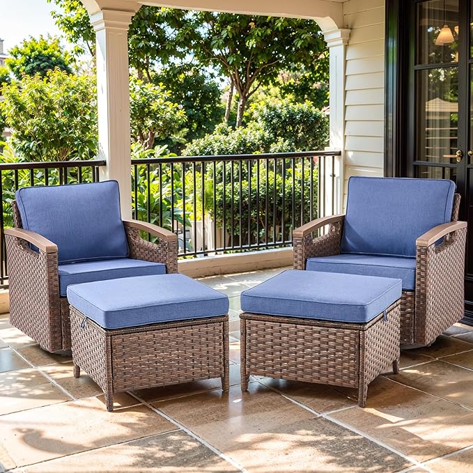 Luxury Outdoor Swivel Rocker Patio Chairs with 2 Ottomans - 4 Piece Heavy Duty Furniture Set All Weather Wicker Conversation Set with Cofort Thick Cushion for Porch Poolside and Deck - Blue