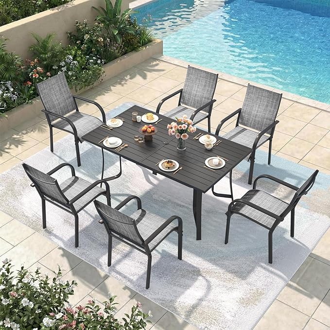 7 Pieces Patio Table and Chairs Set, 63" Metal Dining Table with Umbrella Hole & 6 Textilene Fixed Chairs, Dining Table Set for 6, Outdoor Furniture for Porch Deck Backyard Balcony, Grey