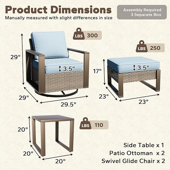 5 Pieces Metal Wicker Patio Furniture Set - 2 Swivel Rocker Chairs and 2 Ottomans, 1 Side Table, All Weather Rattan Outdoor Conversation Furniture with Washable Cushion for Deck Porch, Baby Blue