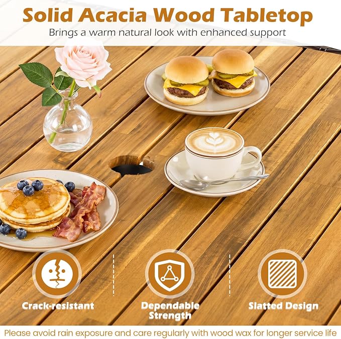 Tangkula 37" Square Wood Patio Dining Table for 4, Metal Frame Outdoor Wicker Table with Acacia Wood Tabletop, 2" Umbrella Hole, Bottom Shelf, Outside Table for Backyard, Garden, Deck, Poolside