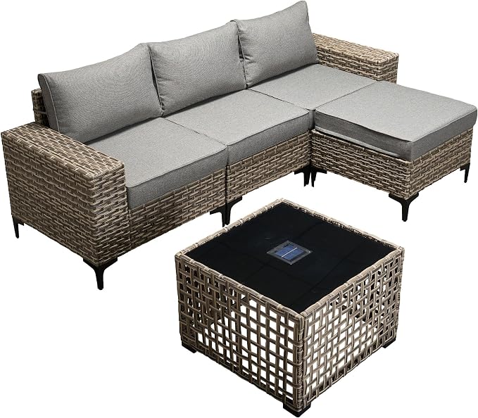 5-Piece Wicker Outdoor Sectional Furniture, Wide Armrest L-Shaped Patio Couch Set with Ottoman Thick Cushion, Modular Conversation Sets with Solar Table for Backyard Porch Balcony, Dark Gray