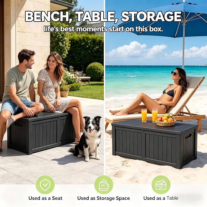 182 Gallon Outdoor Deck Storage Box, Large Waterproof Resin Patio Storage Box, Lockable Bench Seat Holds 2 Adults, for Garden Tools, Cushions & Pool Floats, UV & Rust Resistant, Black
