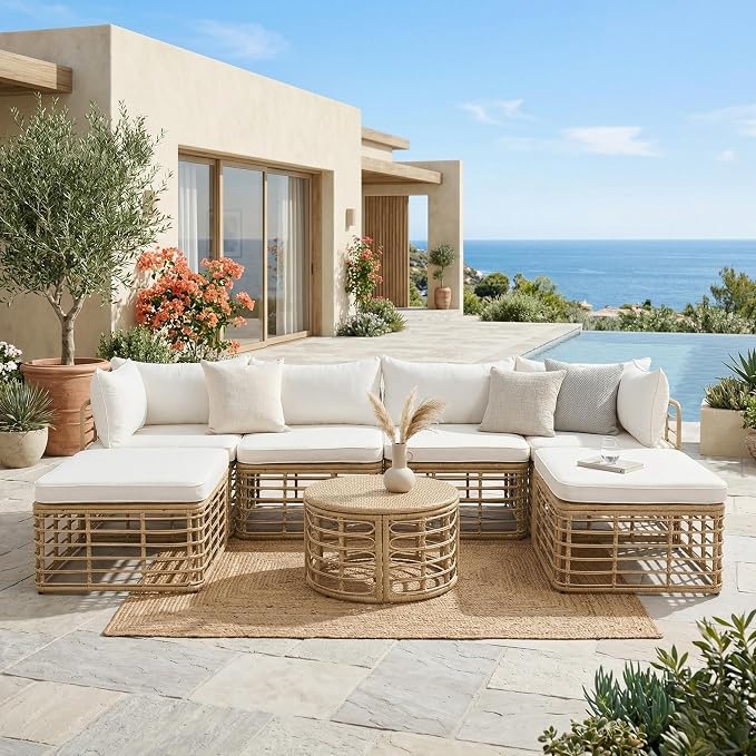 LUMISOL 7 Piece Patio Furniture Set, All-Weather Rattan Sectional Sofa Set with Thick Cushions and Pillows, Freely Combined Conversation Sets for Garden, Backyard, Balcony, Beige