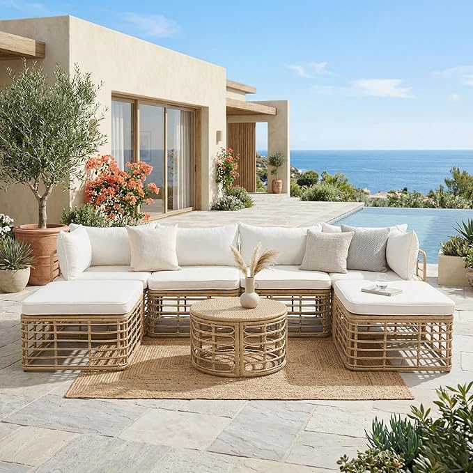 7 Pieces Outdoor Patio Furniture Set, All-Weather Rattan Sectional Sofa Set with Thick Cushions and Pillows, Round Coffee Table, Freely Combined Conversation Sets for Garden, Backyard (Beige * 104)