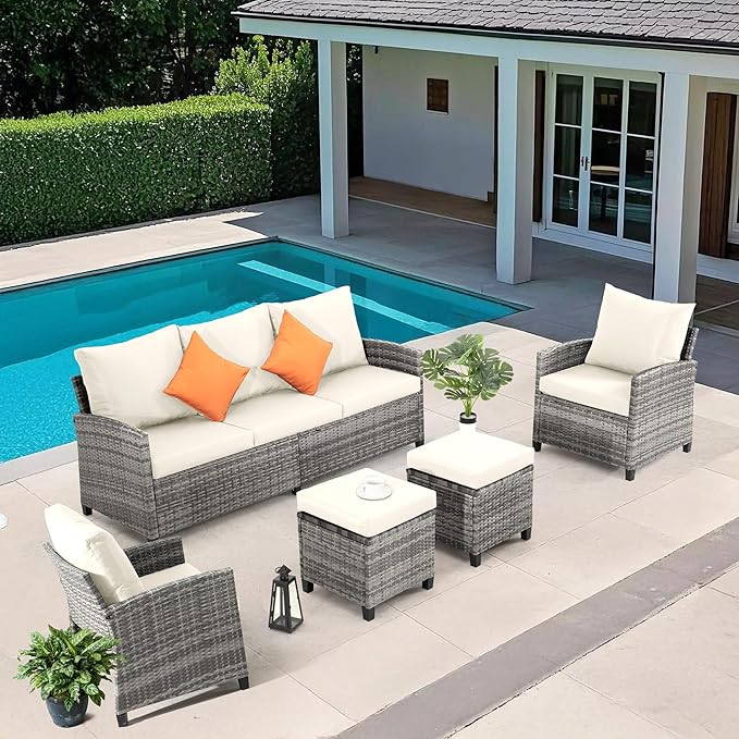FHFO 5 Pieces Outdoor Patio Furniture Set, Wicker Sectional Sofa Patio Conversation Set Couch with Ottomans Rattan Chair and Table for Garden, Yard,Grey-Beige