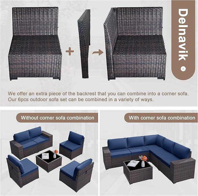 Patio Furniture Set Sofa 6-Pieces Wicker Sectional Sofa Set, Outdoor Furniture Rattan Patio Conversation Set with Thickened Cushion and Glass Coffee Table, Navy Blue