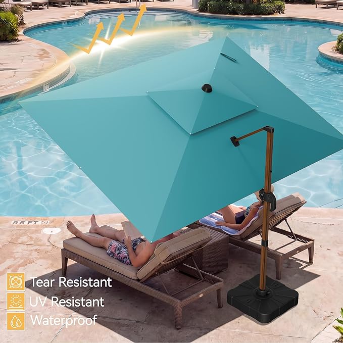 10x13 FT Wood Pattern Patio Umbrella, Large Deluxe Cantilever Rectangular Double Top Heavy Duty Offset Umbrellas with 360° Rotation, Outdoor shade for Garden Deck Pool Patio, Turquoise