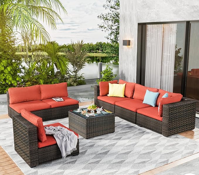 7 Pieces Outdoor Patio Furniture Set Wicker Sectional Sofa with Cushions & Tea Table Patio Rattan Conversation Chair Sofa Set Red…