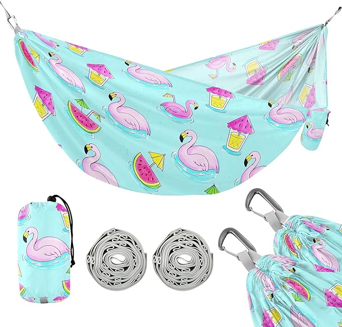 Camping Hammock Outdoor Hammocks for Outside Summer Flamingo Watermelon Beach Trees Portable Lightweight with Pockets Tree Straps Indoor