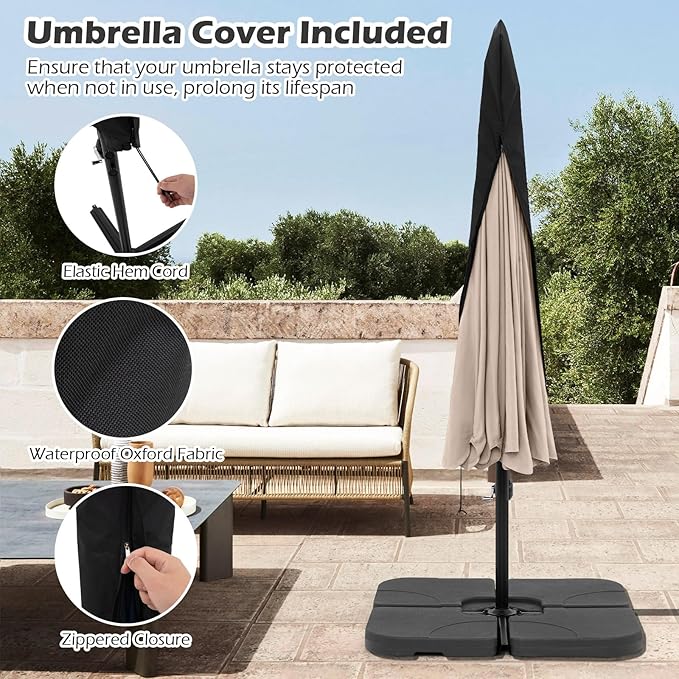 Tangkula 10FT Offset Hanging Umbrella with Cover, Patio Cantilever Umbrella w/ Easy Tilt Adjustment, Crank, Ruffled Edge, 8 Ribs, Sun-Protective Canopy, Heavy-Duty Outdoor Parasol for Pool Garden Deck (Beige)