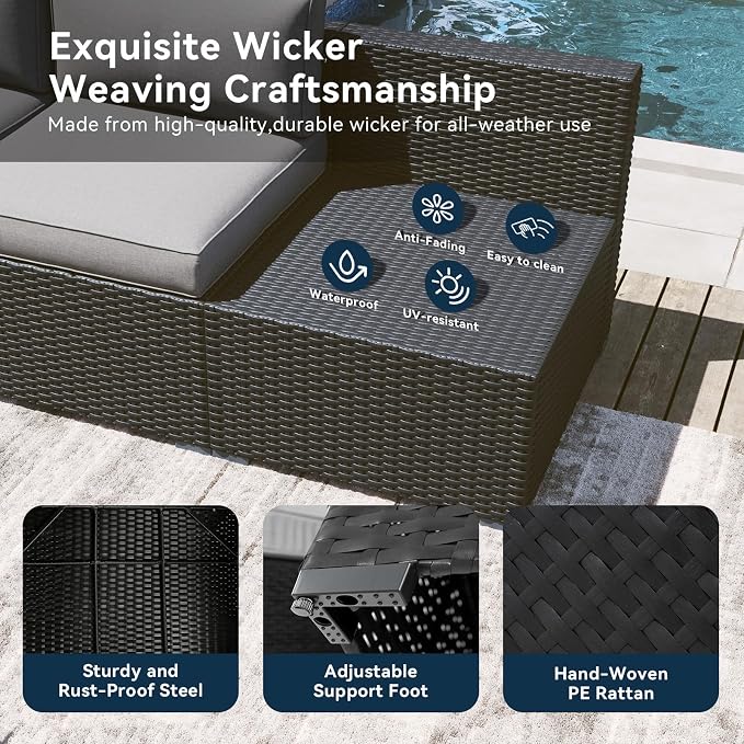 LazySunsets 8 Piece Outdoor Patio Furniture Set with 44'' Fire Pit Table, Outdoor Patio Furniture Set with Thicken Cushion, Wicker Rattan Outdoor Conversation Set for Backyard & Garden, Light Grey