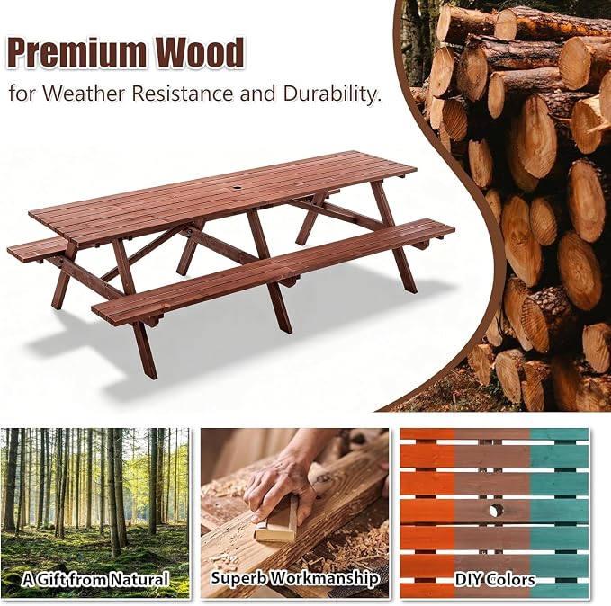 Outdoor Wooden Picnic Tables 10-12 Person with Benches for Patio Garden Backyard Large Outside Dining Table Set with Umbrella Hole
